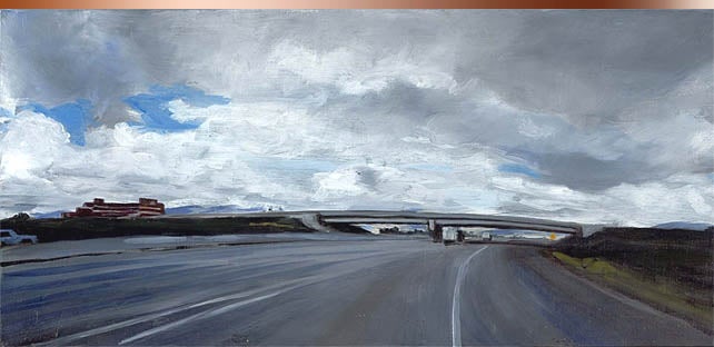 My attempt here was to paint the pavement of the freeway to look as dynamic as the sky, and yet reflect it the way that a body of water does.
