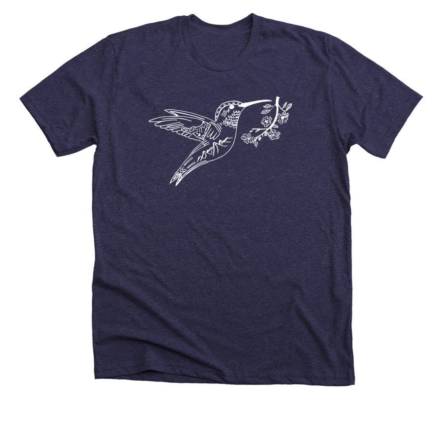 a dark indigo shirt with a white hummingbird line drawing