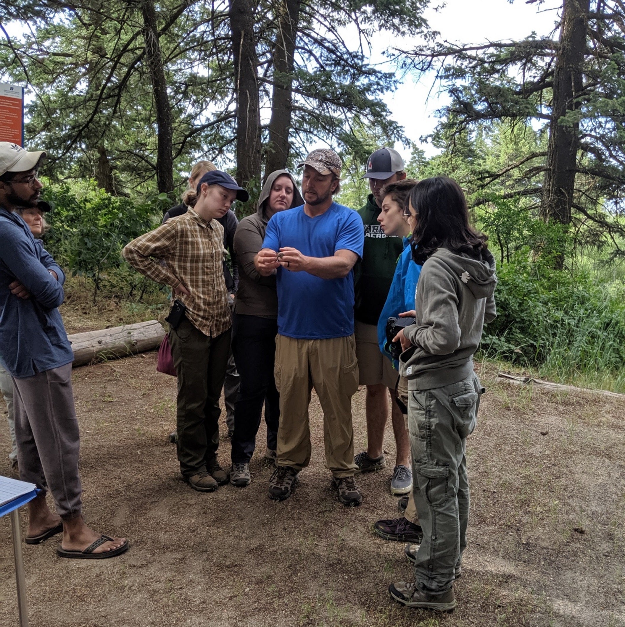 a scientists stands holding a songbird while students and interns look over his shoulder