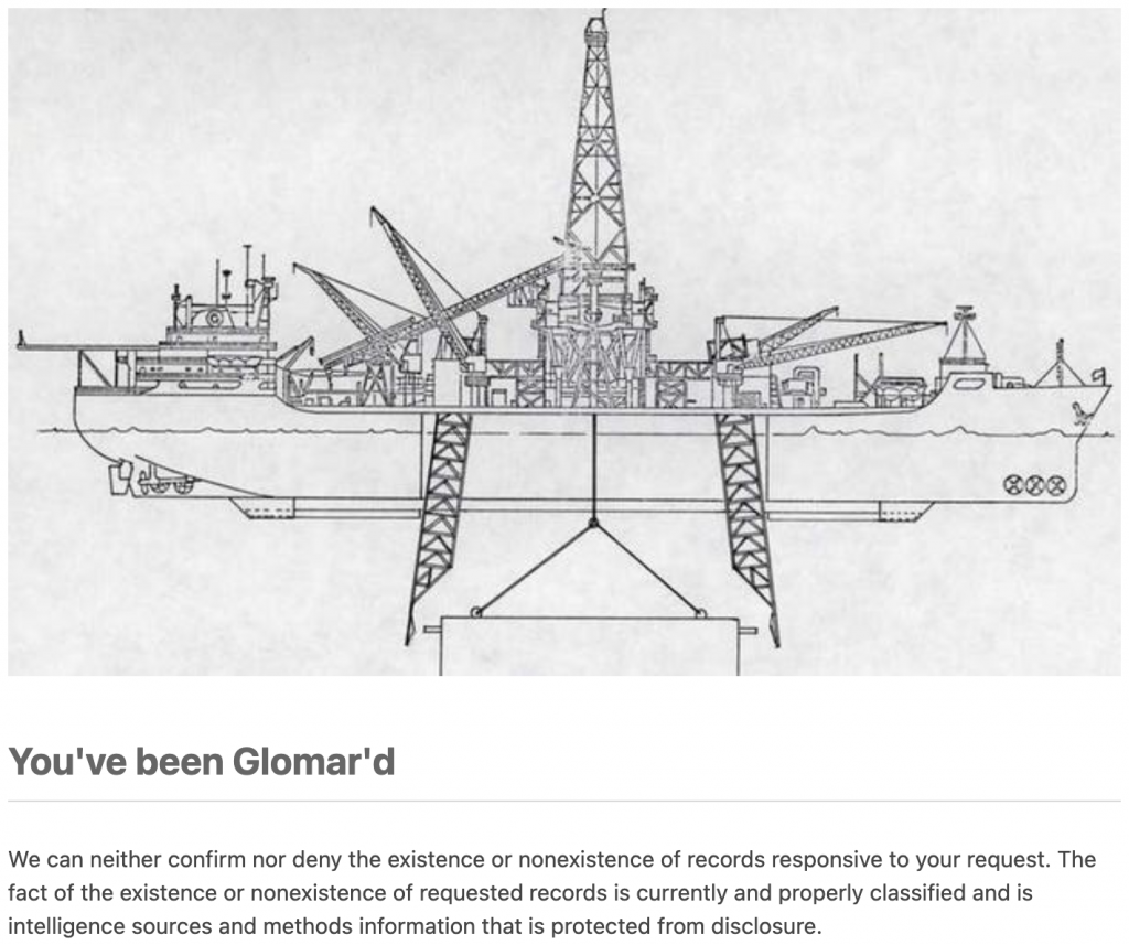 Screenshot of the glomar curtain, an illustration of a boat with unrelated text.