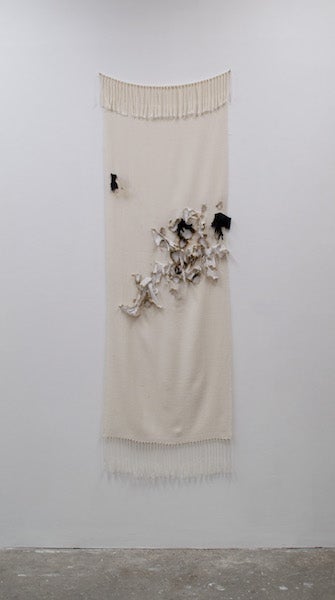 Cream colored shroud hangs on a white wall