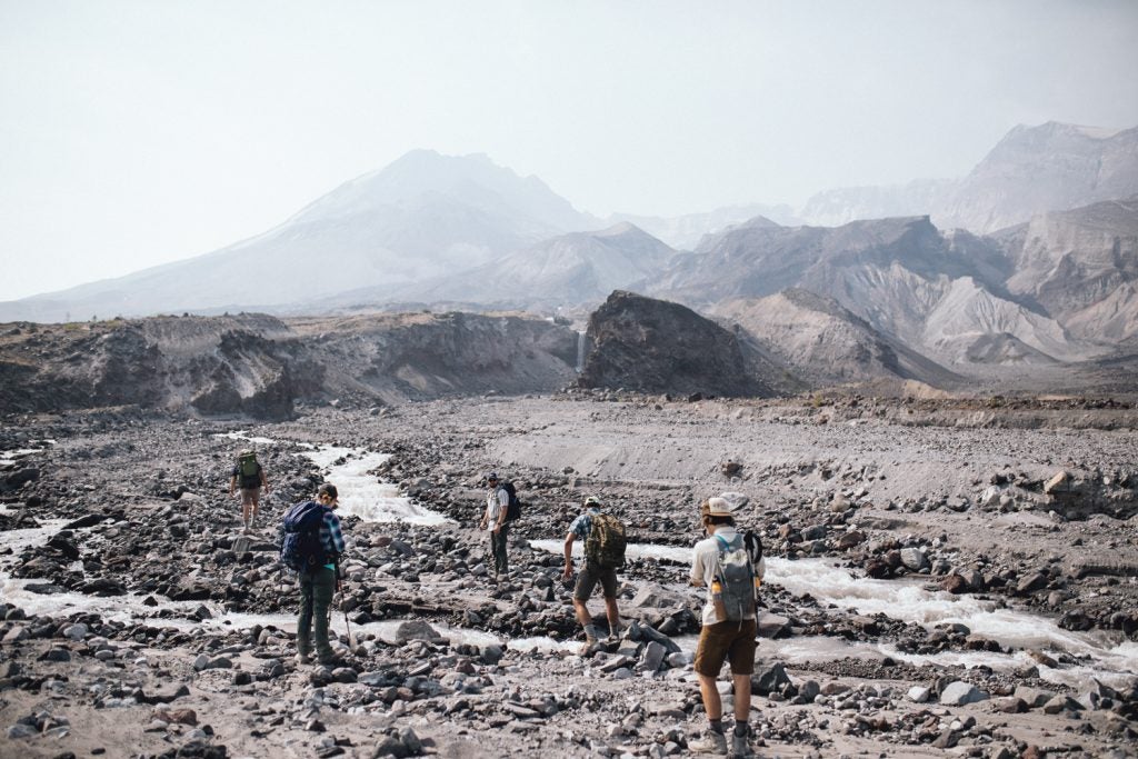 Photo of students inspecting deposits at Mt St Helens