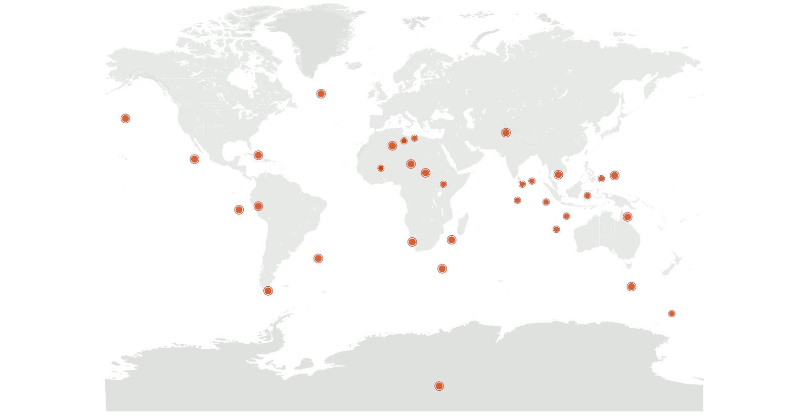 World map with Boise State global projects marked in orange dots