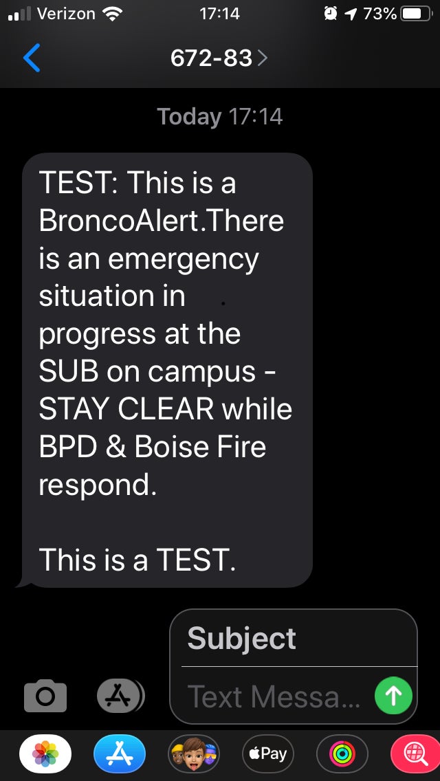Screenshot of phone, text reads "Test, this is a BroncoAlert. There is an emergency situation in progress in the SUB on campus – STAY CLEAR while BPD and Boise Fire respond."
