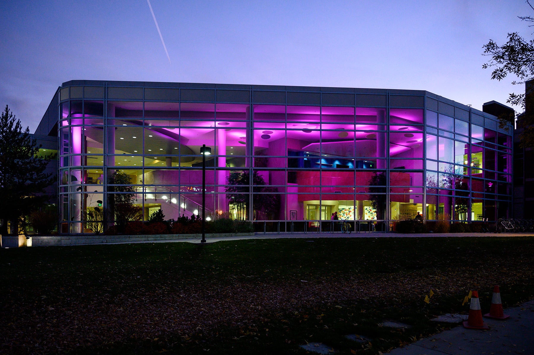 Purple lights illuminate the Student Union Building