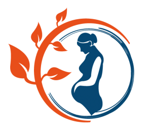 Logo, silhouette of a pregnant woman inside a circle of leaves