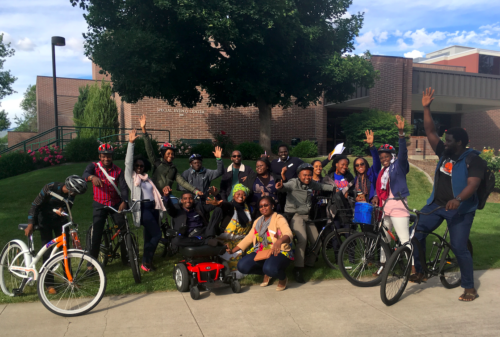 A cohort of African fellows pose on the Boise State campus.