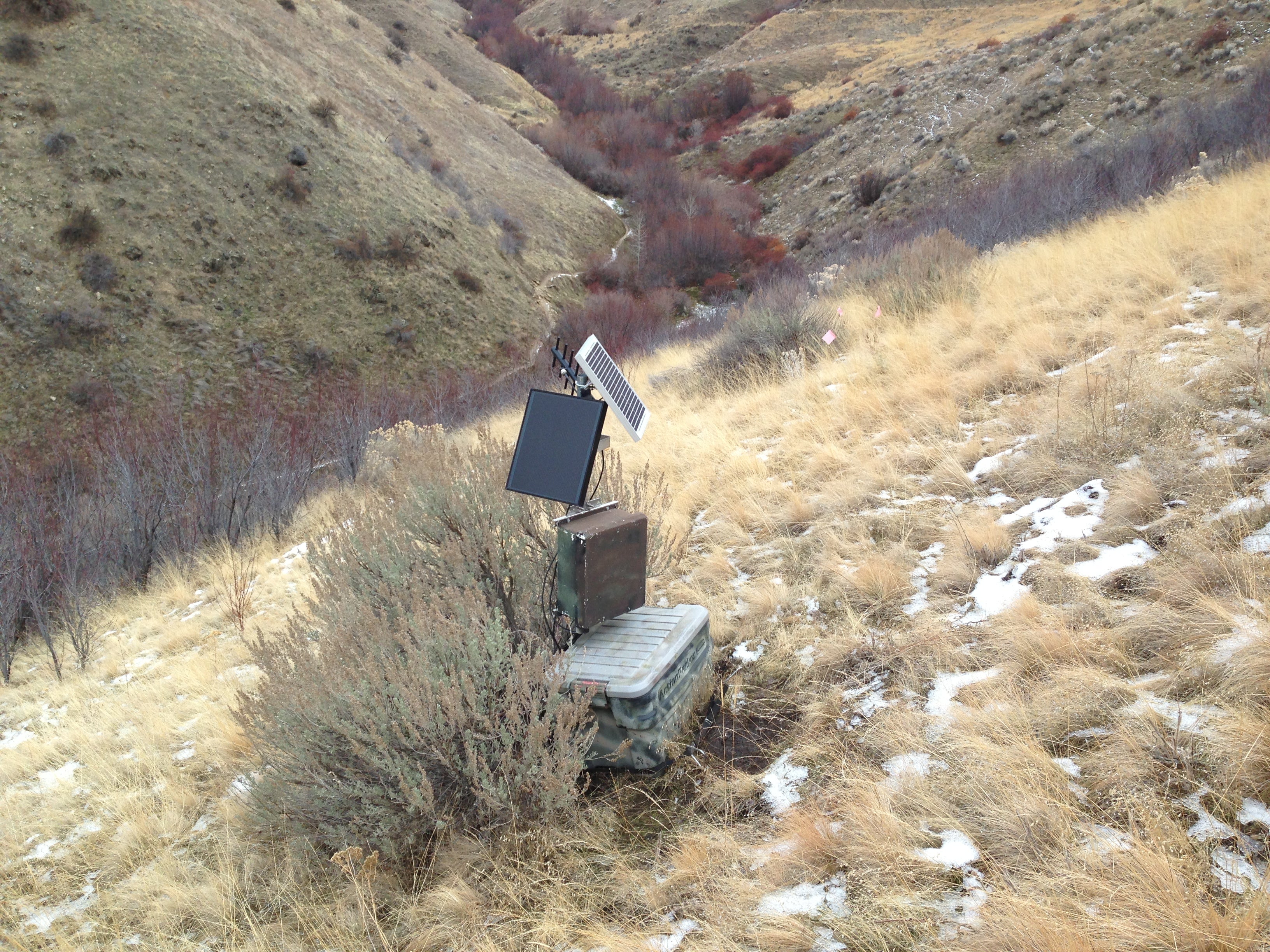A measuring statiion sitting on the nortch face of the foothills with snow and bushes.