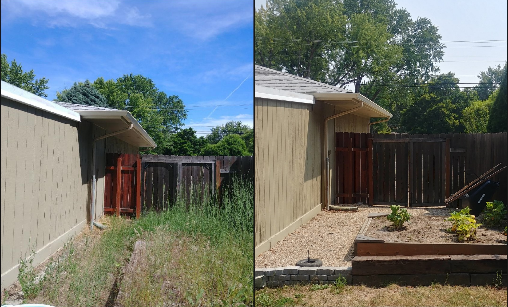 Side by side of outdoor shed with lots of vegetation and same shed with vegetation removed