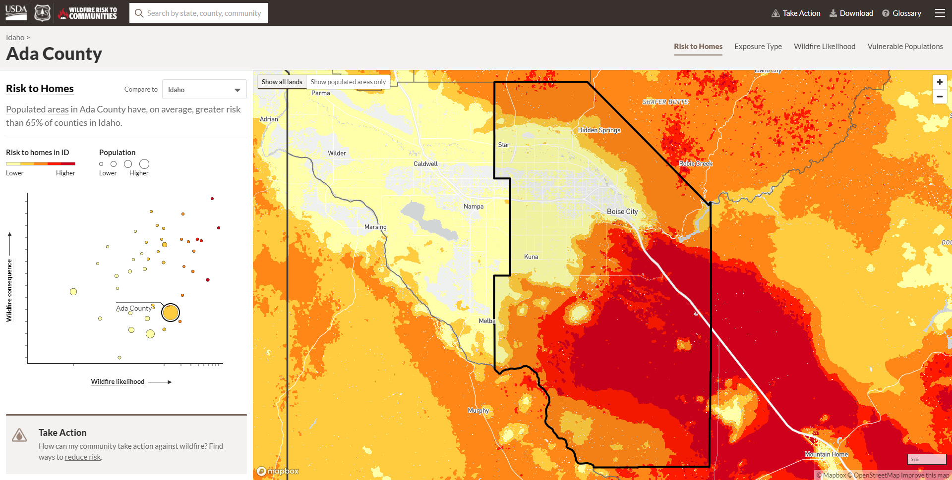 Wildfires risk to communities tool showing Ada county