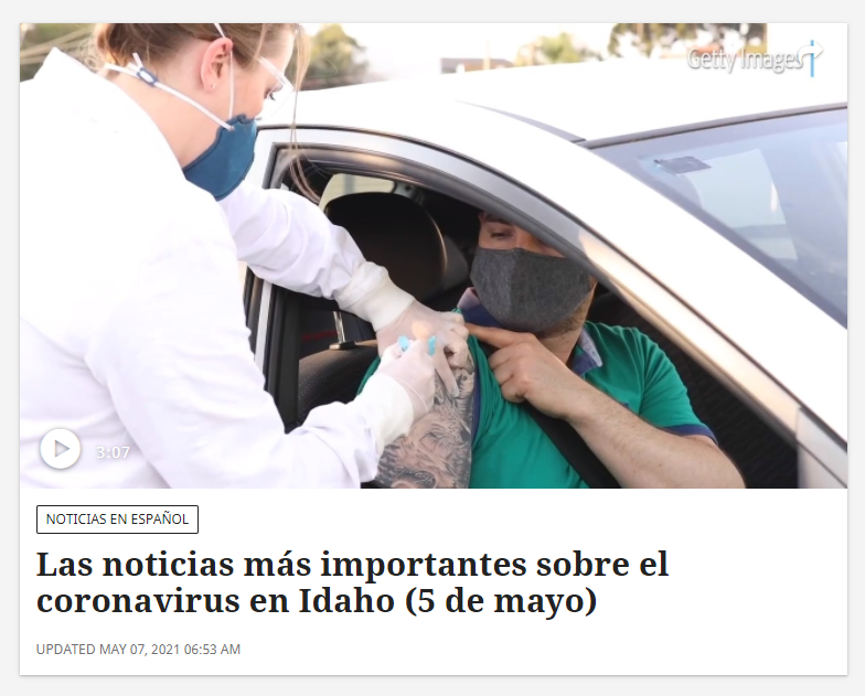 Photo of Idaho Statesman Website with Spanish News Story and person being vaccinated in a car