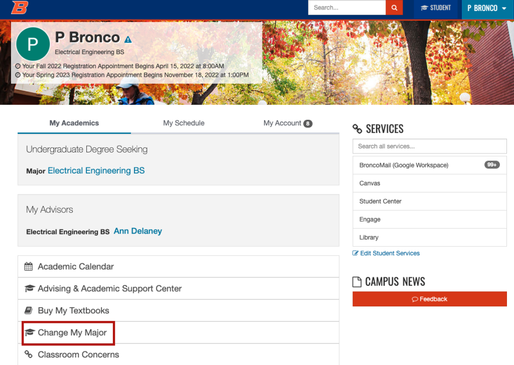 Screenshot of My Boise State page highlighting location of Change My Major