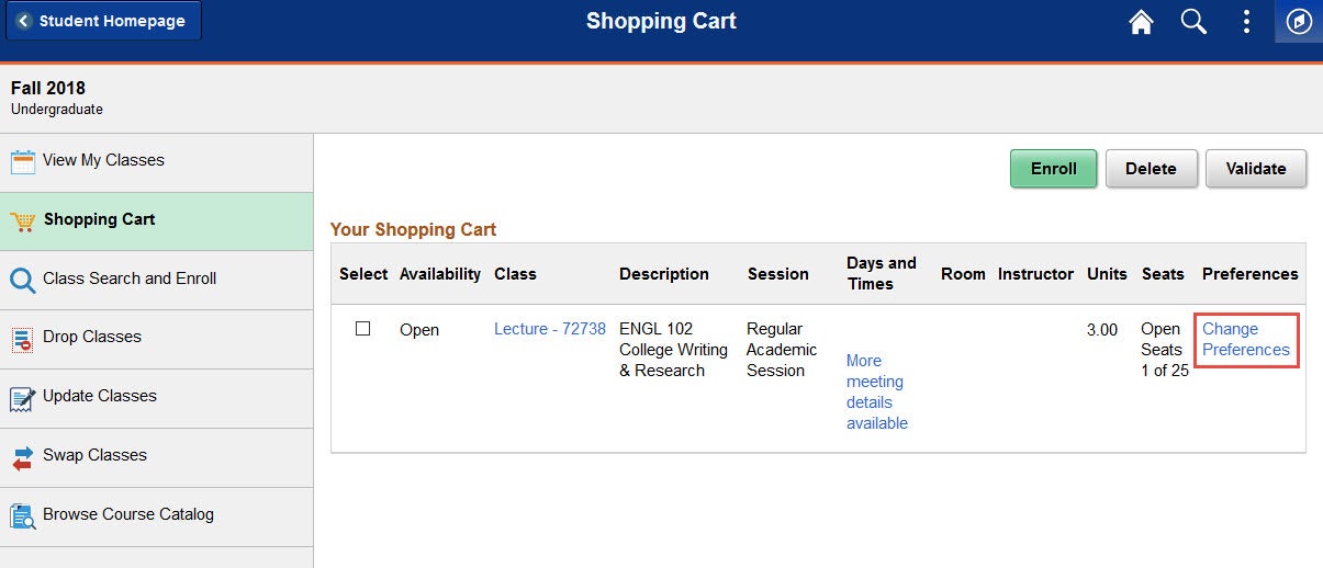 Example of clicking the change preferences link in the shopping cart for a class.