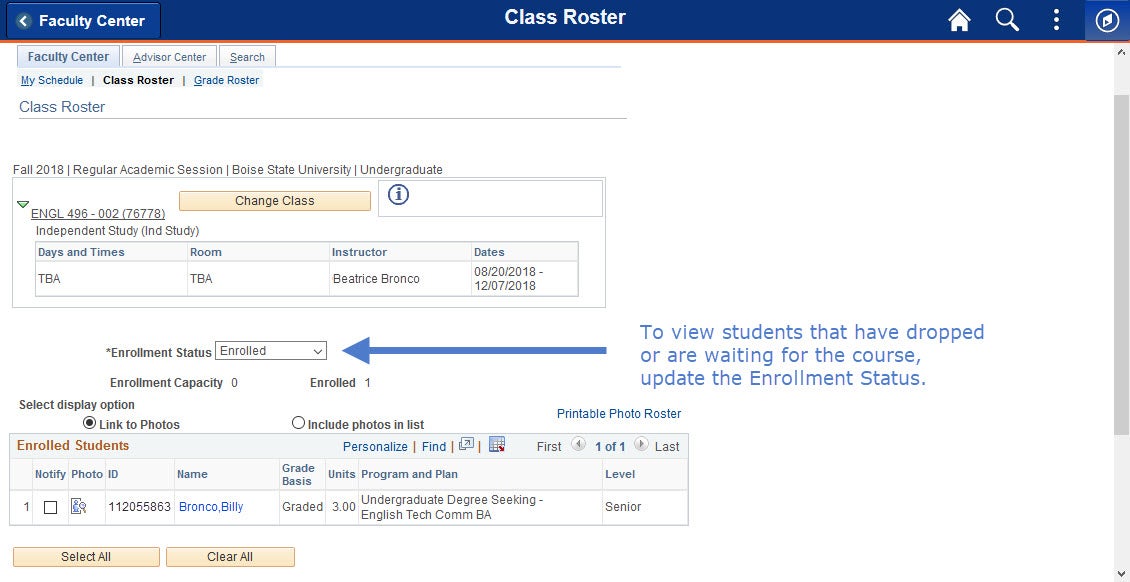 example of drop-down for enrollment status