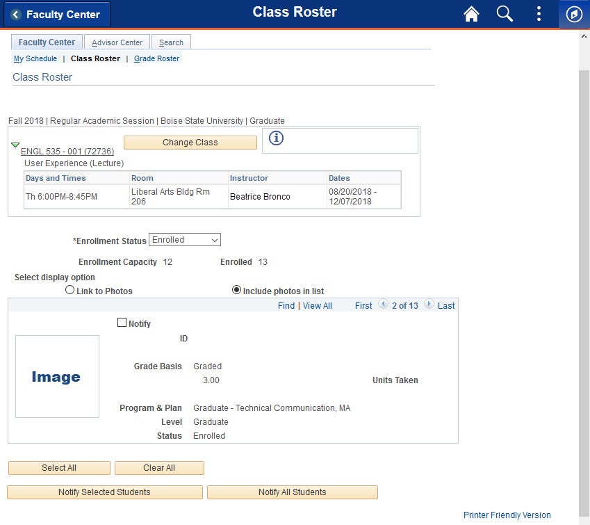 example of student info page