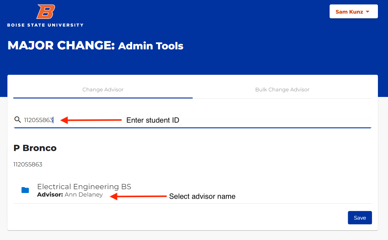 Enter student ID in search box and select advisor name to change