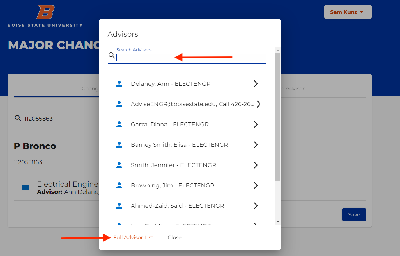 Select an advisor from the list by clicking on them or click view full advisor list