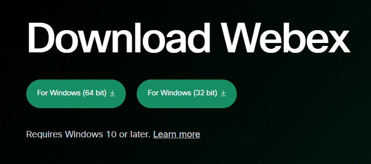 Webex download screen for Windows