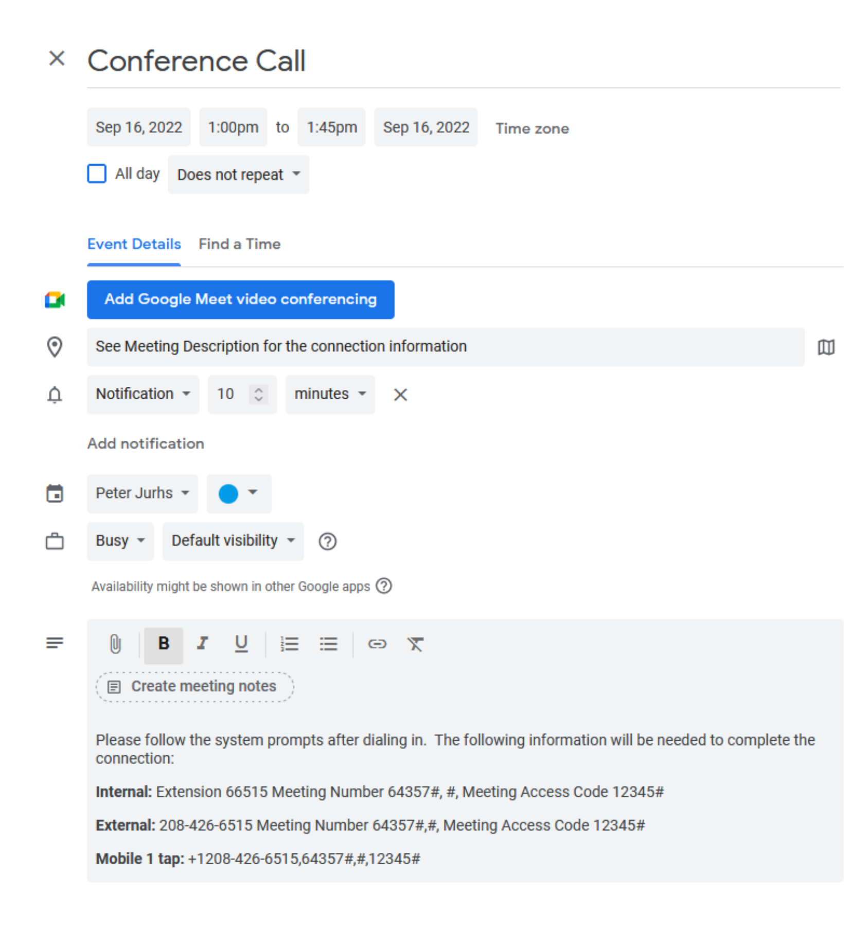 Screenshot of a Conference Now dial-in instructions on a Google calendar invite