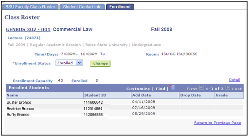 Enrollment dates for students screenshot