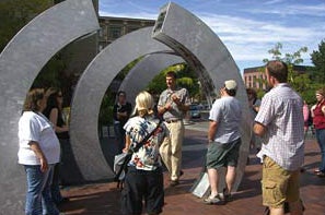 students by sculpture in downtown Boise