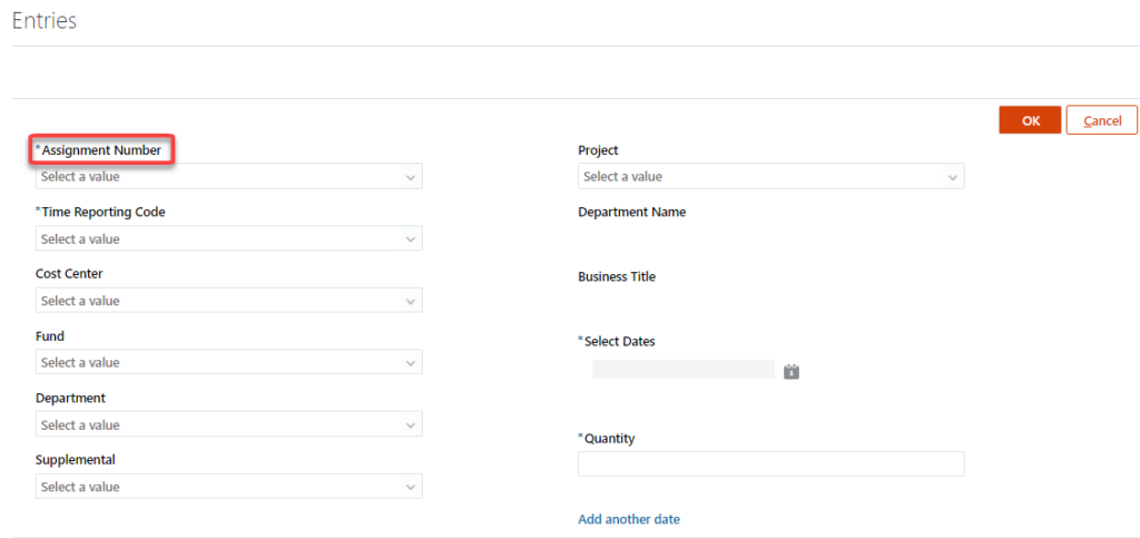 Assignment Number combo box is first field on the add entry page after the OK and Cancel buttons.