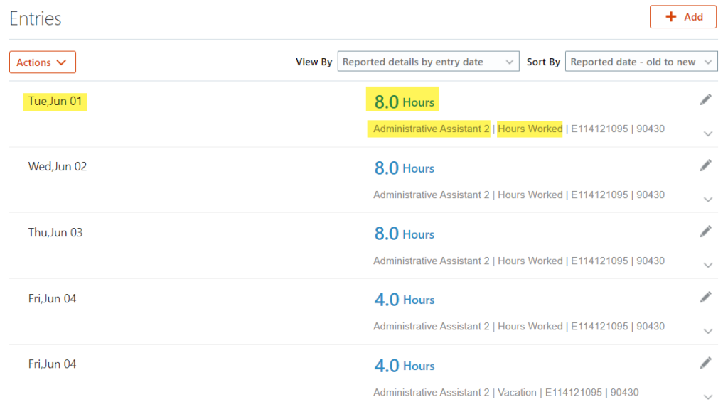 Screenshot of time card entries - entries located after Action, View By, and Sort By combo boxes