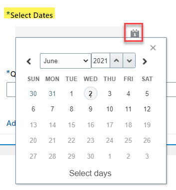 Select dates field is located after the Project combo box field and is labeled as FND overview. Select Date Graphic Link to access calendar and navigate using tab, arrow keys, and enter..