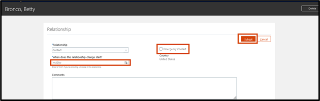 Select the emergency contact checkbox, then use the date field to select when the relationship change begins