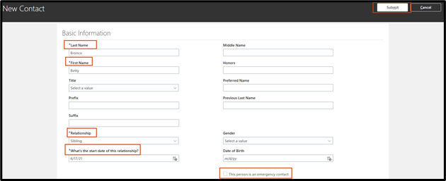 Fill out all the required basic information fields, the emergency contact checkbox is last