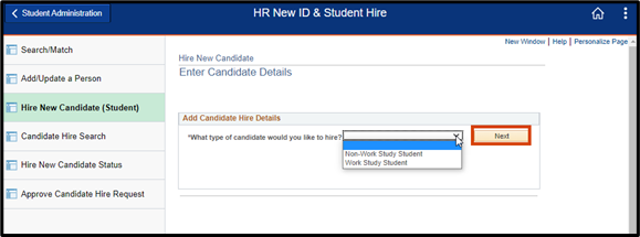 The dropdown is located in the Add Candidate Hire Details section, the next button is after the drop down