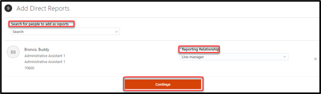 Use the search text box to find the intended employee, continue is the final button in the field