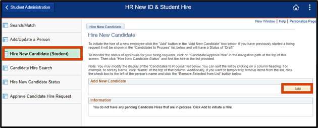 Hire New Candidate is the third link in the sidebar, add is in the Hire New Candidate field