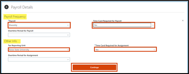 Fill in the required payroll details, continue is the final button in the field