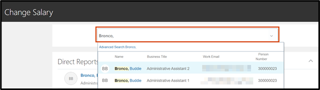 After using the search bar to find an employee. the drop down will populate with employee information