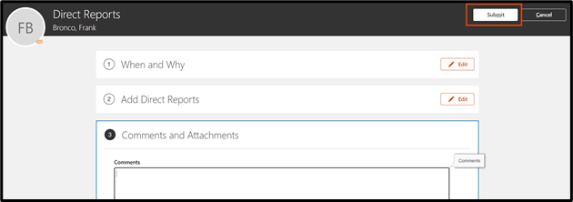 The submit button is the first button in the Direct Reports header