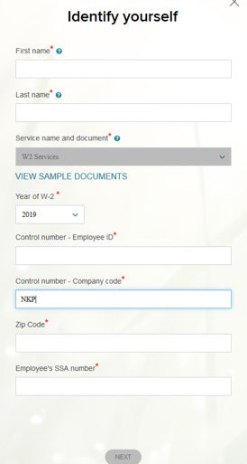 Identify yourself screen shot with First name, last name, and other personal attributes like year of W-2