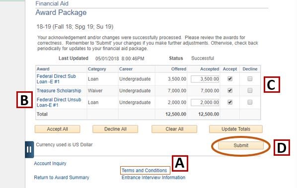 Screenshot showing how to accept or decline awards in your Boise State account