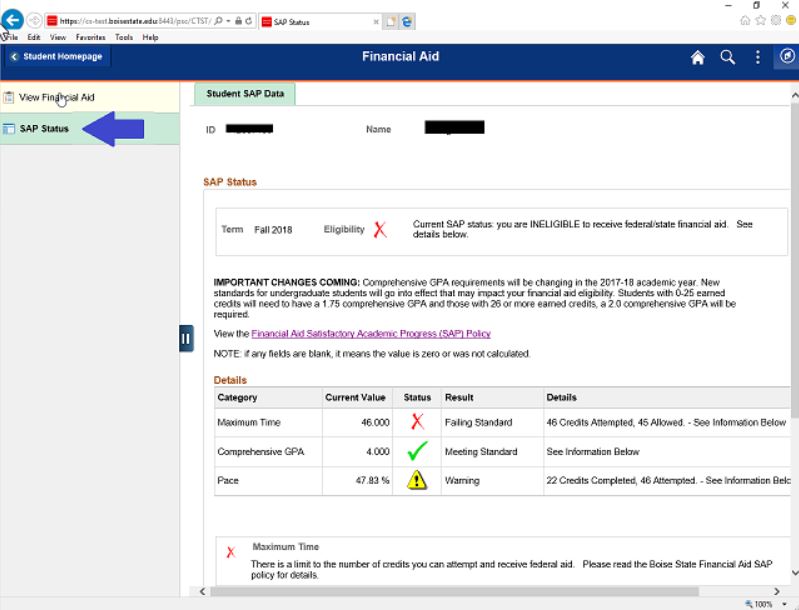 SAP Status tab in Boise State account