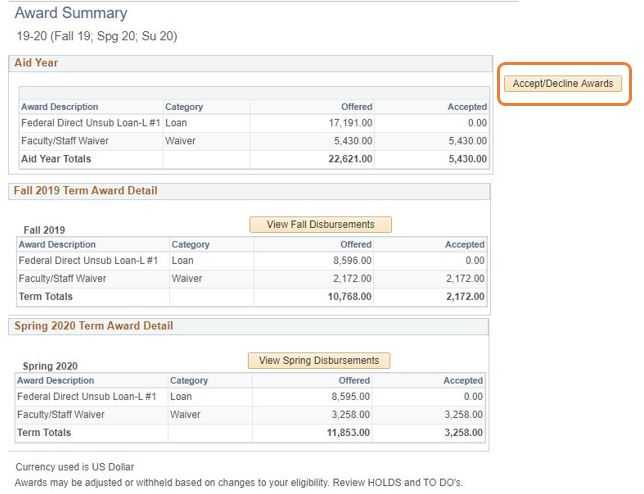 Accepting/declining awards button in the financial aid page of a Boise State account