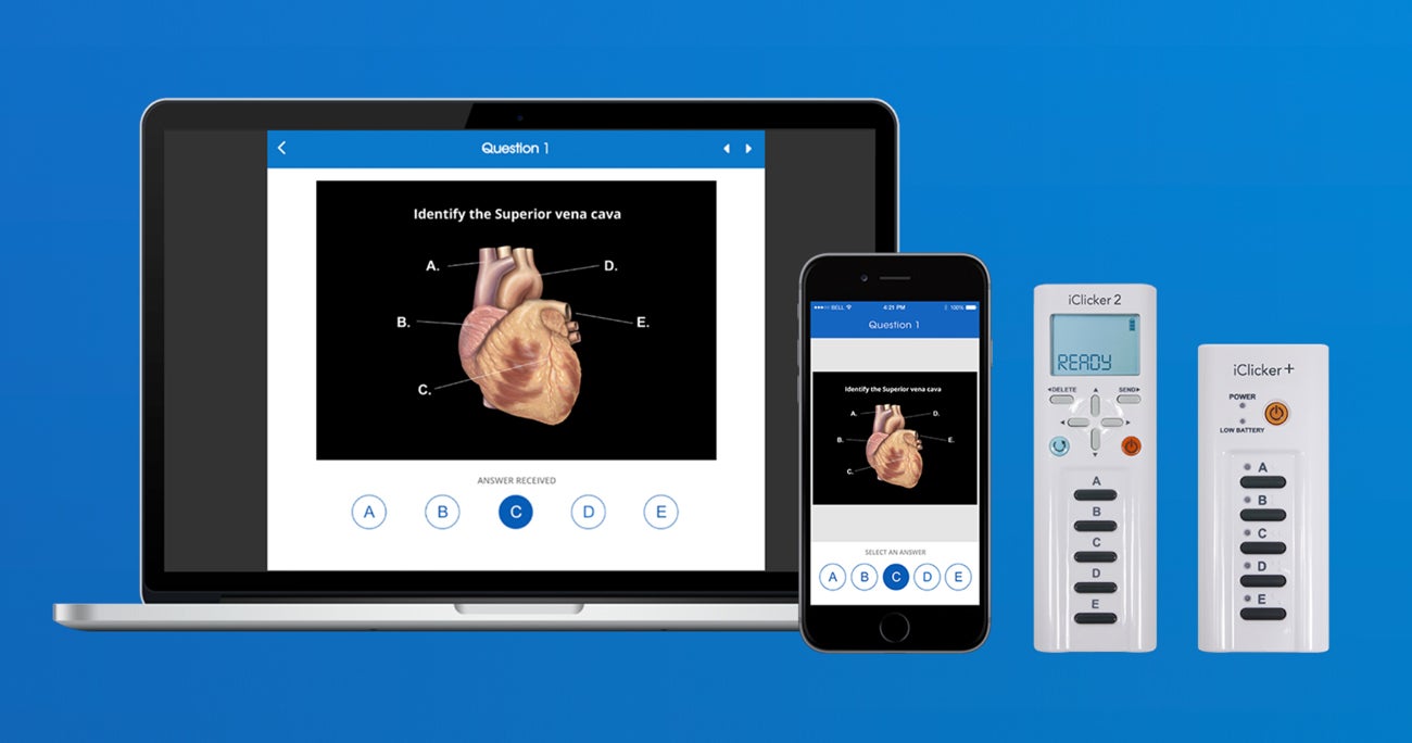 iClicker software and app screenshots on laptop, smartphone, and iclicker hardware