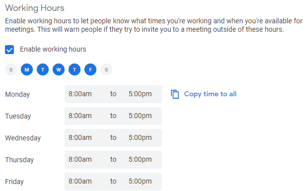 Google Calendar Working Hours