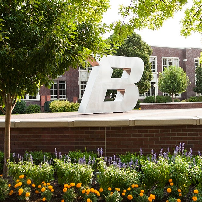B statue on Boise State campus