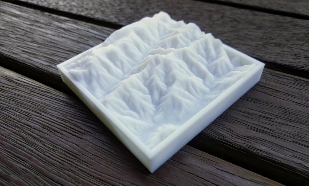 3D printed topographical map of a mountain range