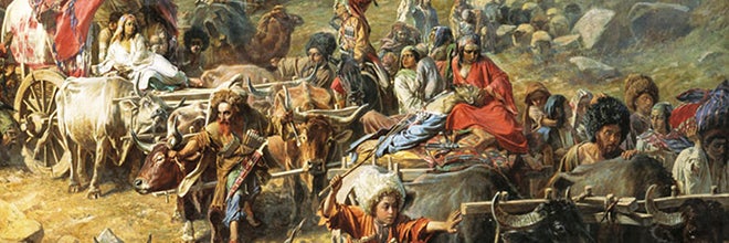 Historical painting of refugees leaving mountains