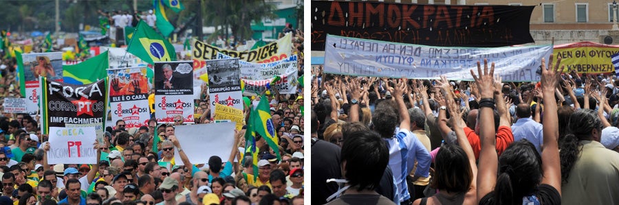 photos of protests in Brazil and Greece