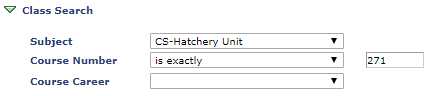 Bronco Web Search Screen shot illustrating the Class Search "Subject" is CS-Hatchery Unit.