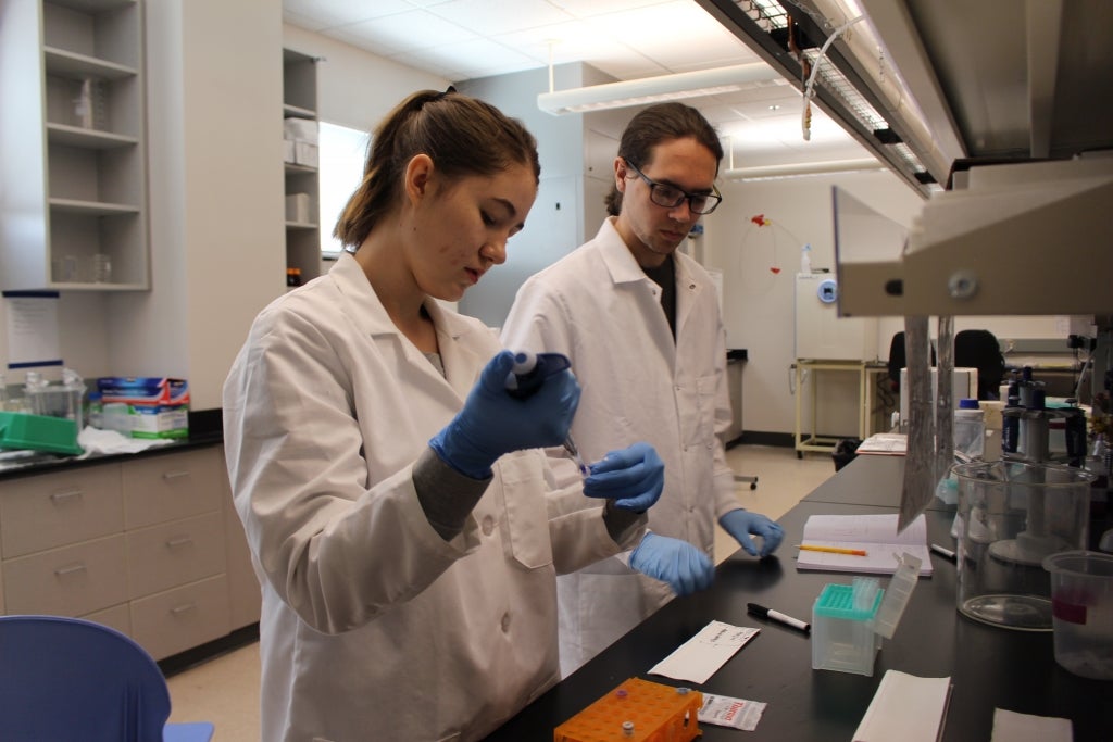 female and male student working in a lab
