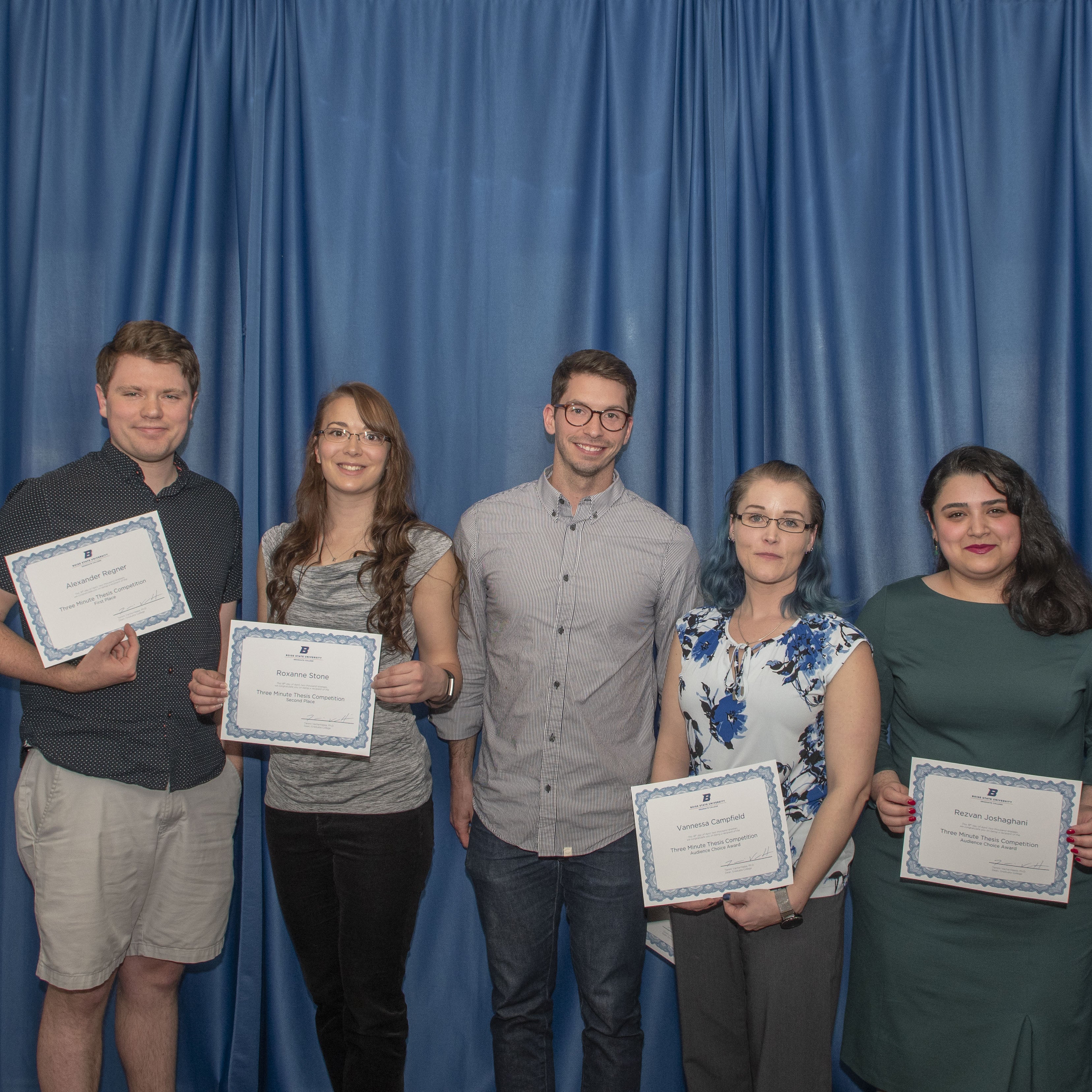 Graduate College Awards Ceremony, five three minute thesis award winners pictured