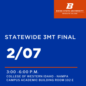 Blue graphic with white text that reads "Statewide 3MT Final / February 7th / 3:00 - 6:00 p.m. / College of Western Idaho - Nampa Campus Academic Building Room 102 E